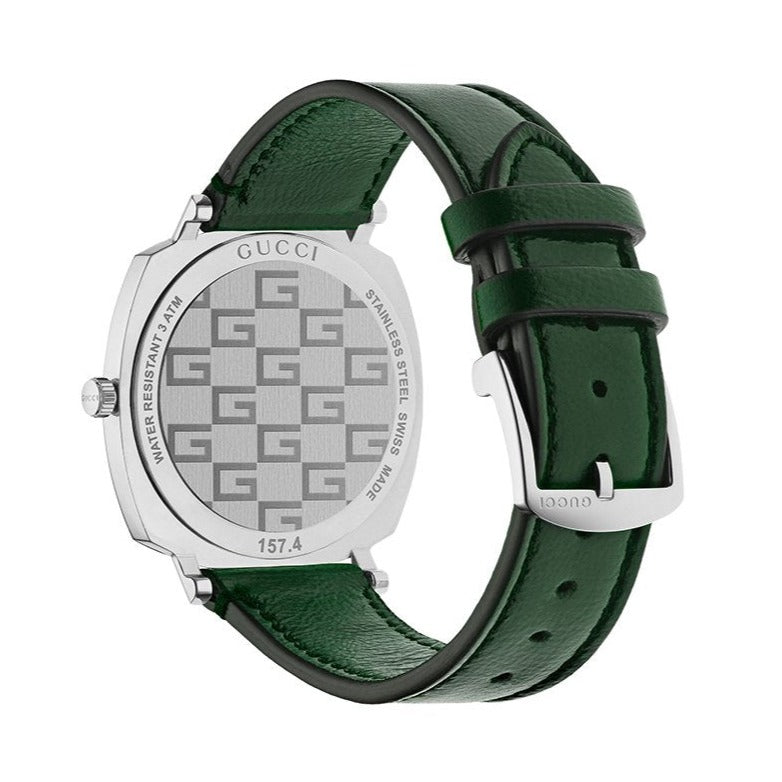 Shop Gucci Grip Quartz Silver Dial Green Leather Strap Watch For Women - YA157414 in USA