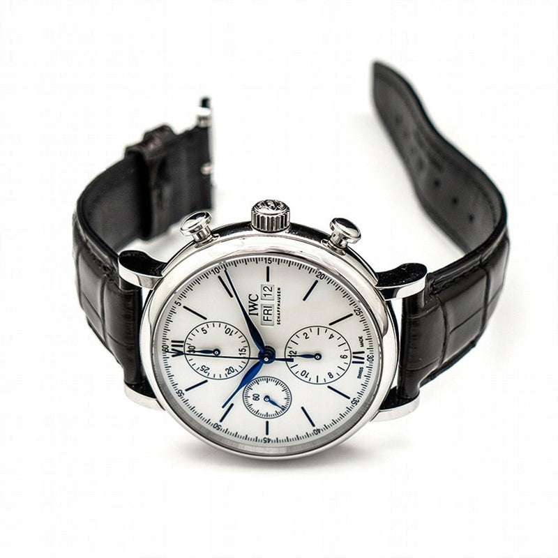 Shop IWC Portofino Chronograph White Dial Black Leather Strap Watch for Men - IW391024 in USA