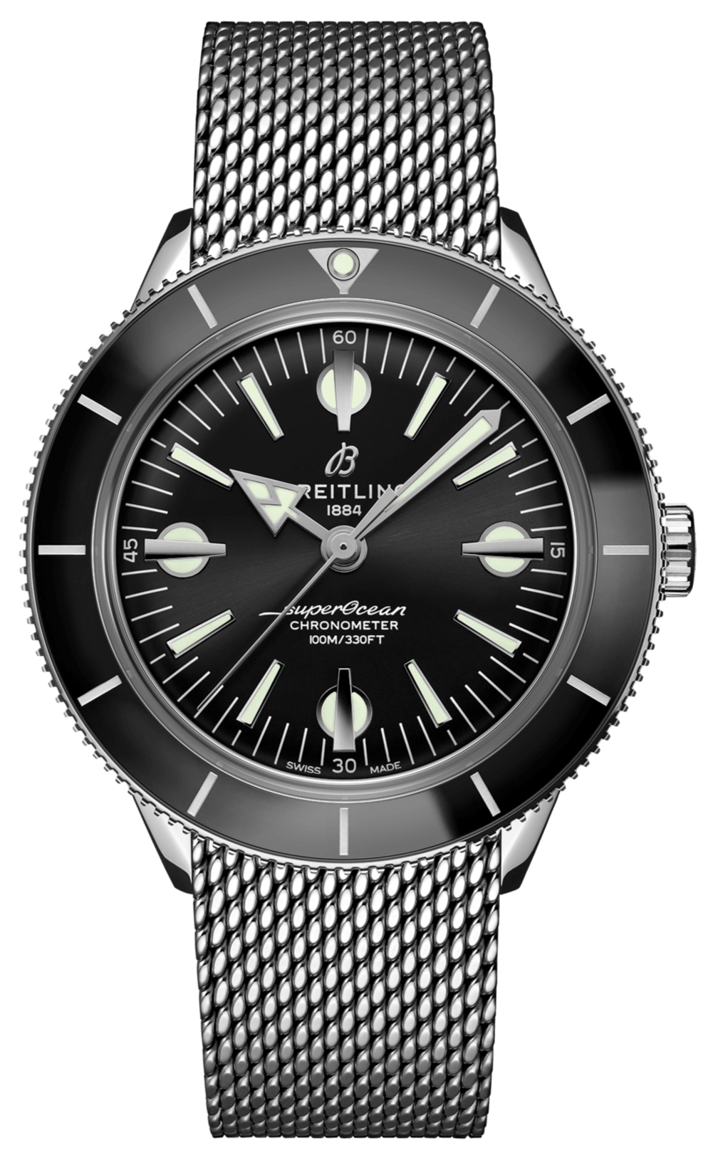 Breitling Superocean Heritage '57 Black Dial Silver Mesh Bracelet Watch for Men - A10370121B1A1