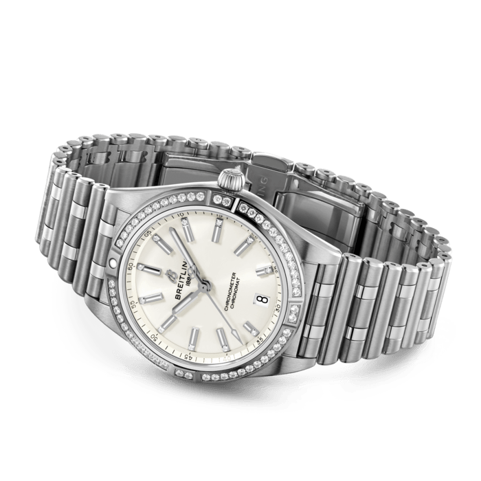 Breitling Chronomat Automatic 36 Diamonds White Dial Silver Steel Strap Watch for Women - A10380591A1A1