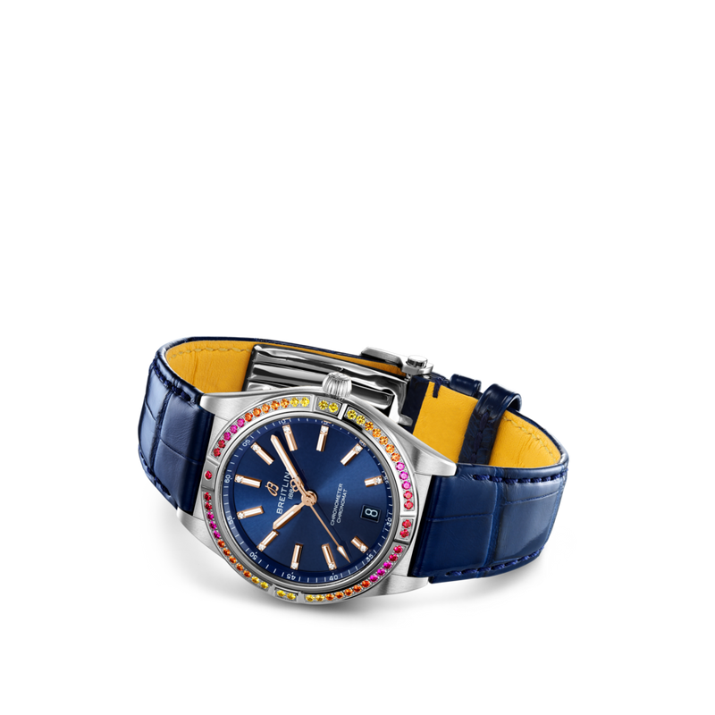 Breitling Chronomat Automatic 36 South Sea Blue Dial Blue Leather Strap Watch for Women - A10380611C1P1