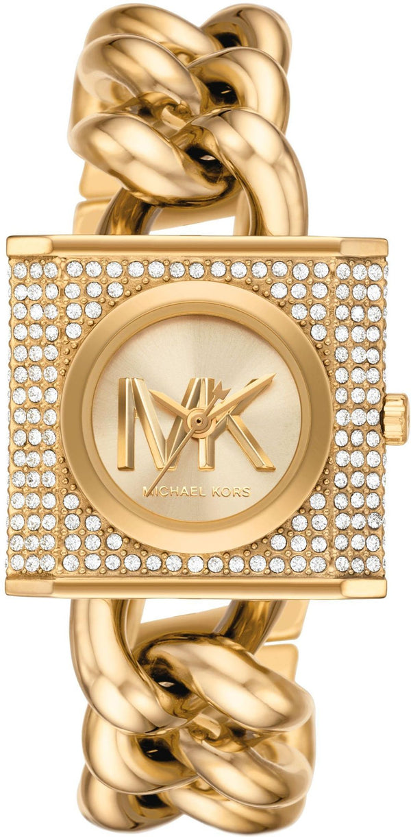 Shop Michael Kors Chain Lock Pave Gold Dial Gold Steel Strap Watch For Women - MK4711 in USA