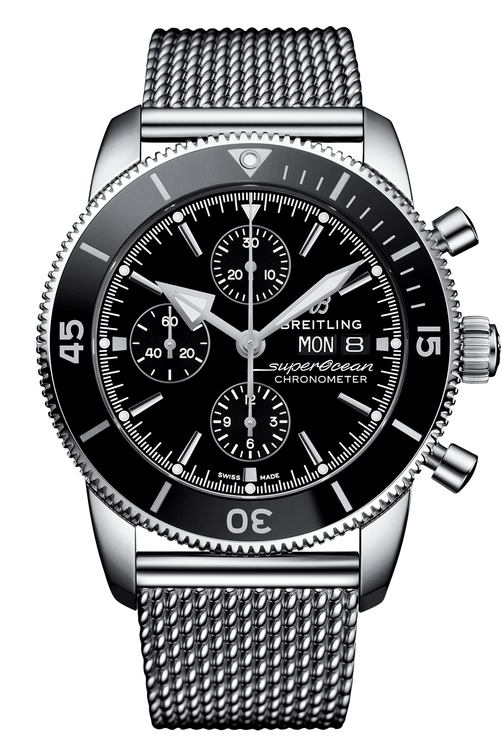 Breitling Superocean Heritage Chronograph 44 Black Dial Silver Mesh Bracelet Watch for Men - A13313121B1A1