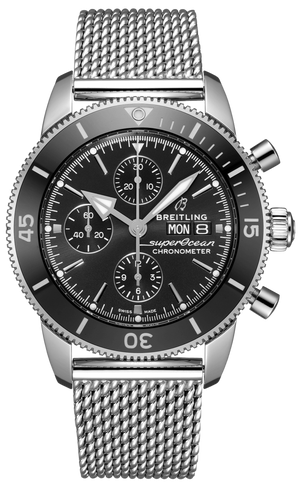 Breitling Superocean Heritage Chronograph 44 Black Dial Silver Mesh Bracelet Watch for Men - A13313121B1A1