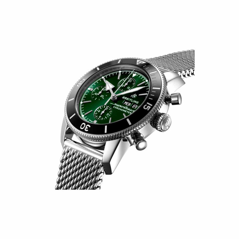 Breitling Superocean Heritage Chronograph 44 Green Dial Silver Mesh Bracelet Watch for Men - A13313121L1A1