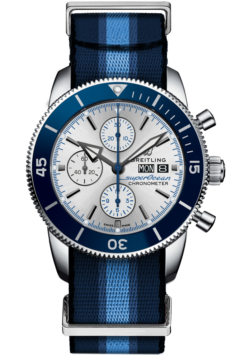 Breitling Superocean Heritage Chronograph 44 Ocean Conservancy Silver Dial Two Tone NATO Strap Watch for Men - A133131A1G1W1