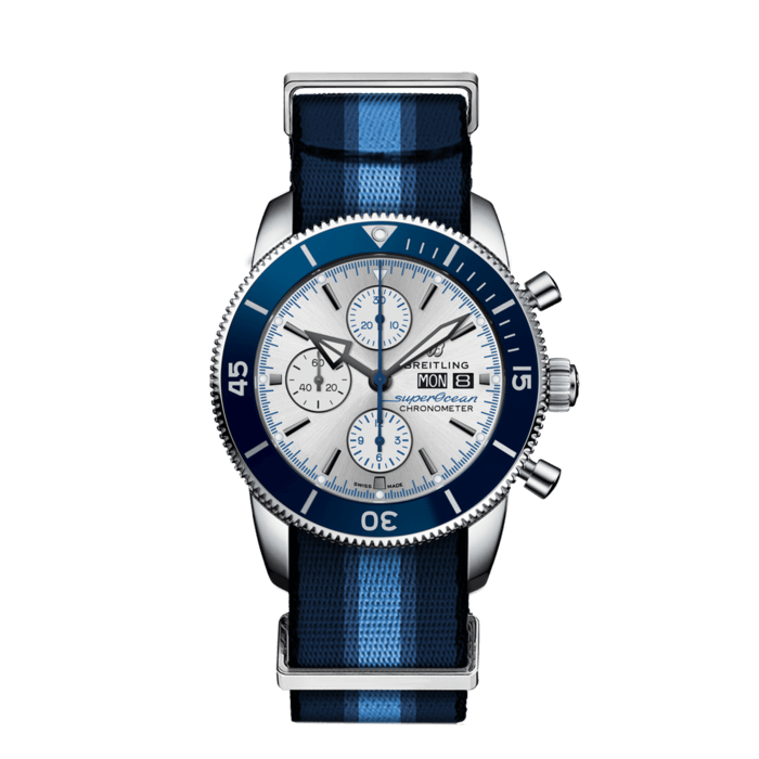 Breitling Superocean Heritage Chronograph 44 Ocean Conservancy Silver Dial Two Tone NATO Strap Watch for Men - A133131A1G1W1