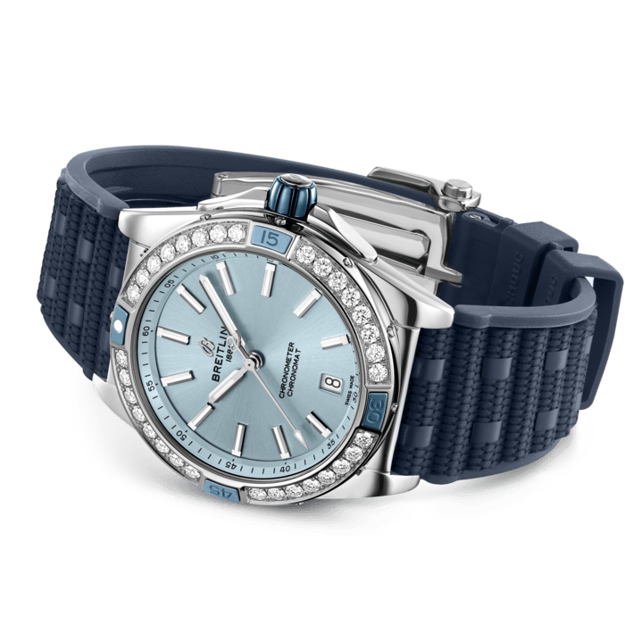 Breitling Super Chronomat Automatic 38 Diamonds Blue Dial Blue Rubber Strap Watch for Women - A17356531C1S1