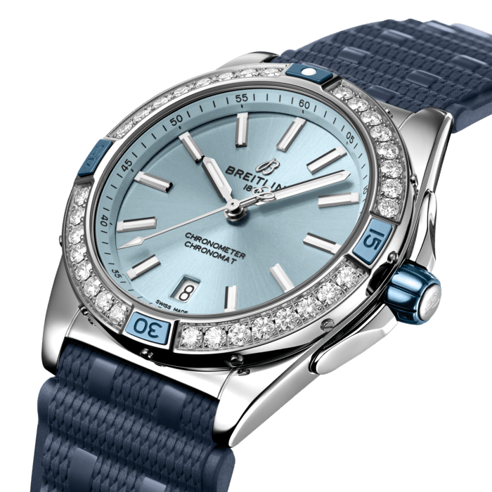 Breitling Super Chronomat Automatic 38 Diamonds Blue Dial Blue Rubber Strap Watch for Women - A17356531C1S1