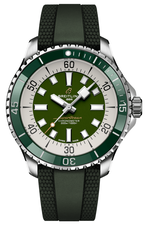 Breitling Superocean Automatic 44 Green Dial Green Rubber Strap Watch for Men - A17376A31L1S1