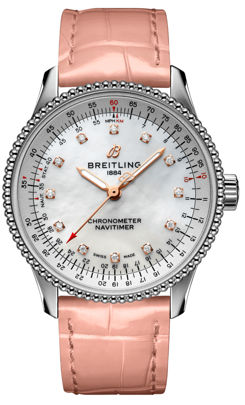 Breitling Navitimer Automatic 35 Mother of Pearl Dial Pink Leather Strap Watch for Women - A17395211A1P3