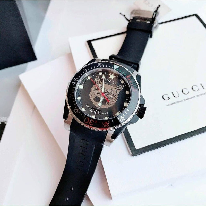 Shop Gucci Dive Feline Black Dial Black Rubber Strap Watch For Men - YA136320 in USA