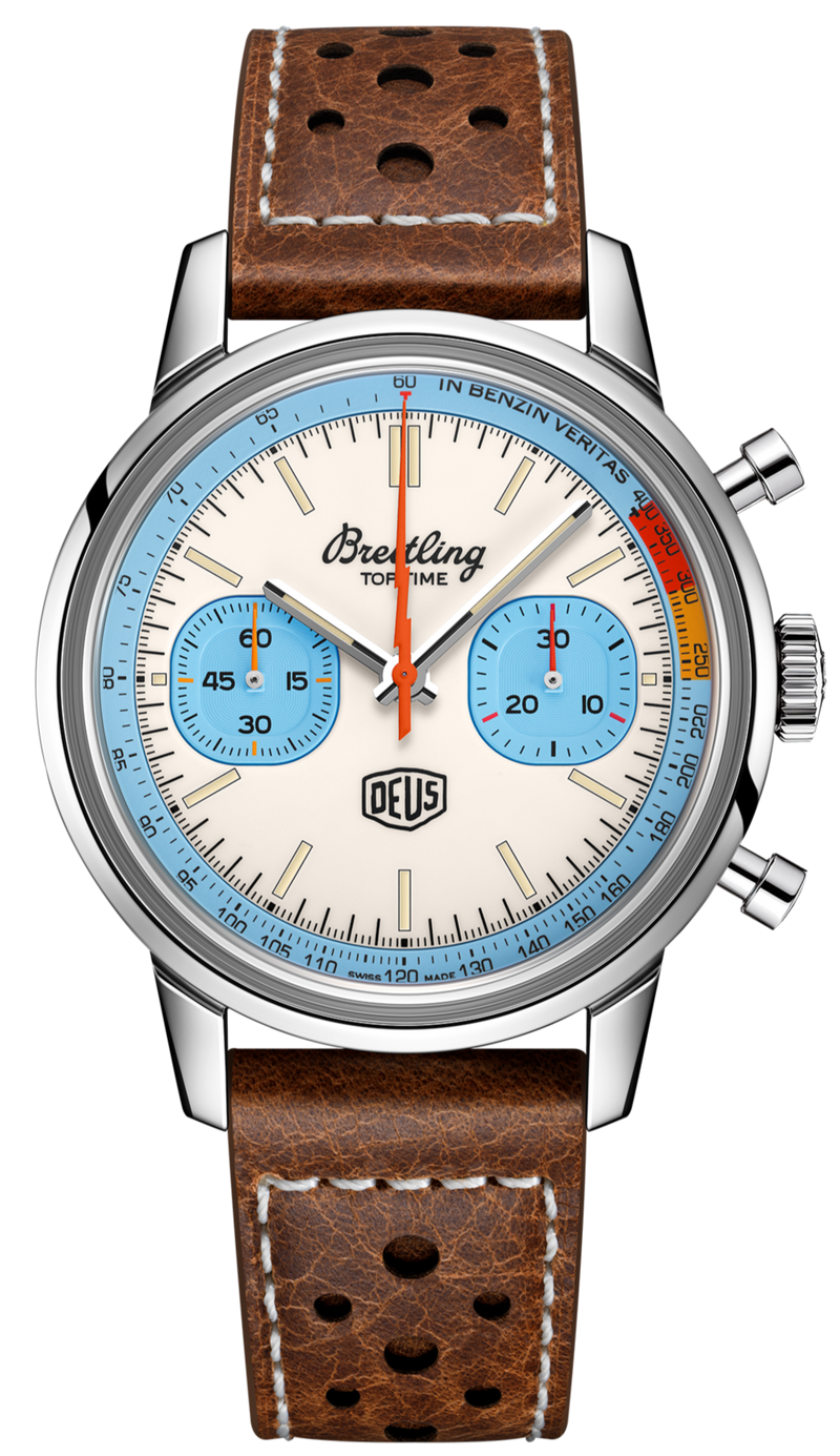Breitling Top Time Deus Limited Edition White Dial Brown Leather Strap Watch for Men - A233112A1A1X1