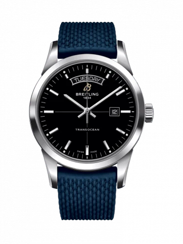 Shop Breitling Transocean Day & Date 42mm Automatic Black Dial Blue Mesh Bracelet Mens Watch - A4531012/BB69/280S/ A20S.1 in USA