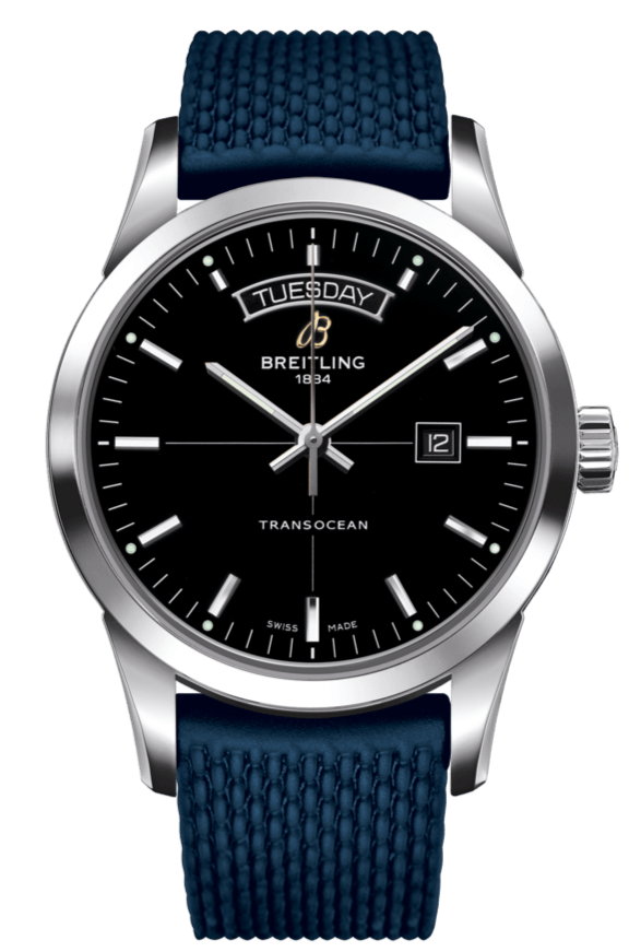 Shop Breitling Transocean Day & Date 42mm Automatic Black Dial Blue Mesh Bracelet Mens Watch - A4531012/BB69/280S/ A20S.1 in USA