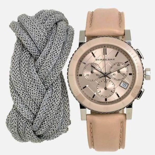 Shop Burberry The City Chronograph Rose Gold Dial Beige Leather Strap Watch For Women - BU9702 in USA