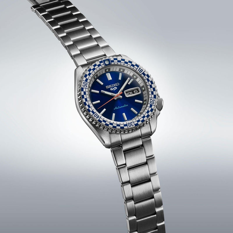 Seiko 5 Sports Petrol Blue Checker Flag Special Edition Blue Dial Silver Steel Strap Watch For Men - SRPK65K1 Buy Now By Seiko