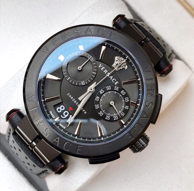 Versace V-Racer Aion Chronograph Black Dial Black Leather Strap Watch for Men - VBR030017 Buy Now By Versace