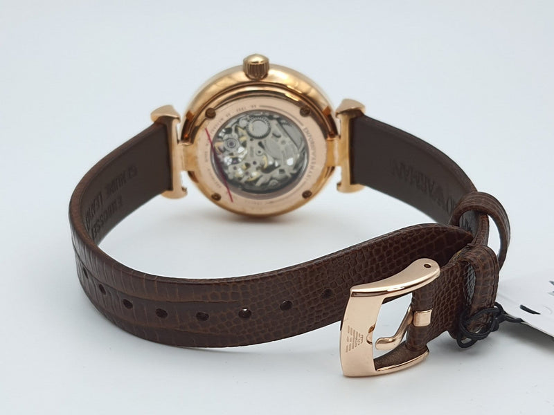 Emporio Armani Meccanico Skeleton Mother of Pearl Dial Brown Leather Strap Watch For Women - AR1993 Buy Now By Emporio Armani