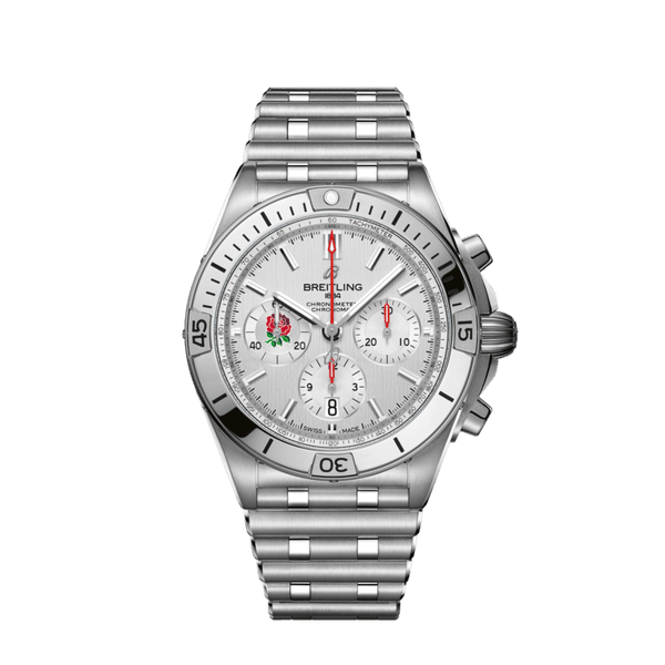 Breitling Chronomat B01 42 Six Nations England White Dial Silver Steel Strap Watch for Men - AB0134A71A1A1