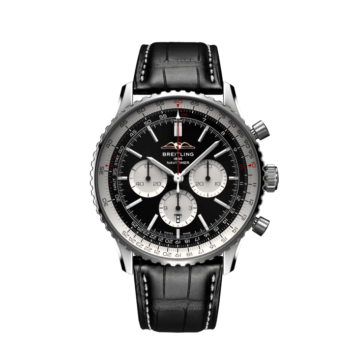 Shop Breitling Navitimer B01 Chronograph 46 Black Dial Black Leather Strap Watch for Men - AB0137211B1P1 in USA