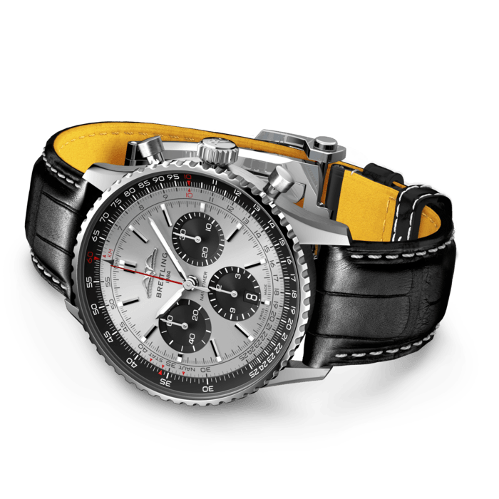 Shop Breitling Navitimer B01 Chronograph 43 Silver Dial Black Leather Strap Watch for Men - AB0138241G1P1 in USA