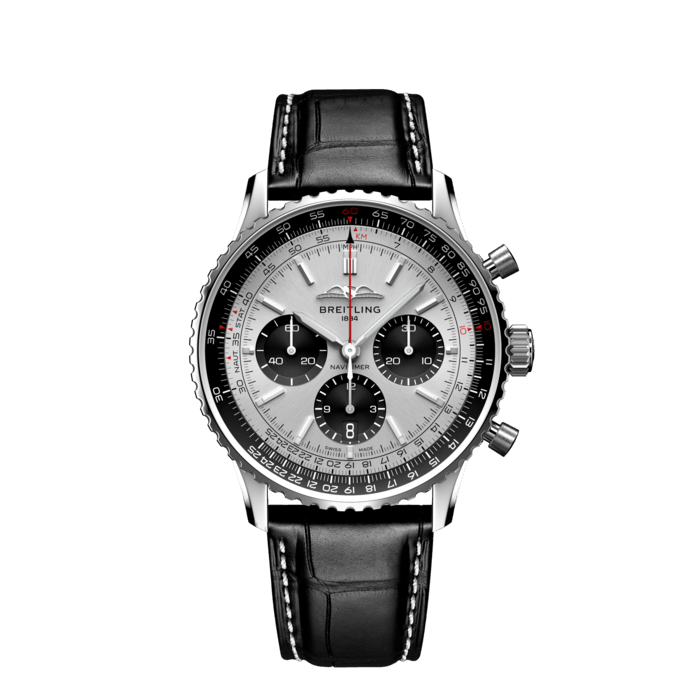 Shop Breitling Navitimer B01 Chronograph 43 Silver Dial Black Leather Strap Watch for Men - AB0138241G1P1 in USA