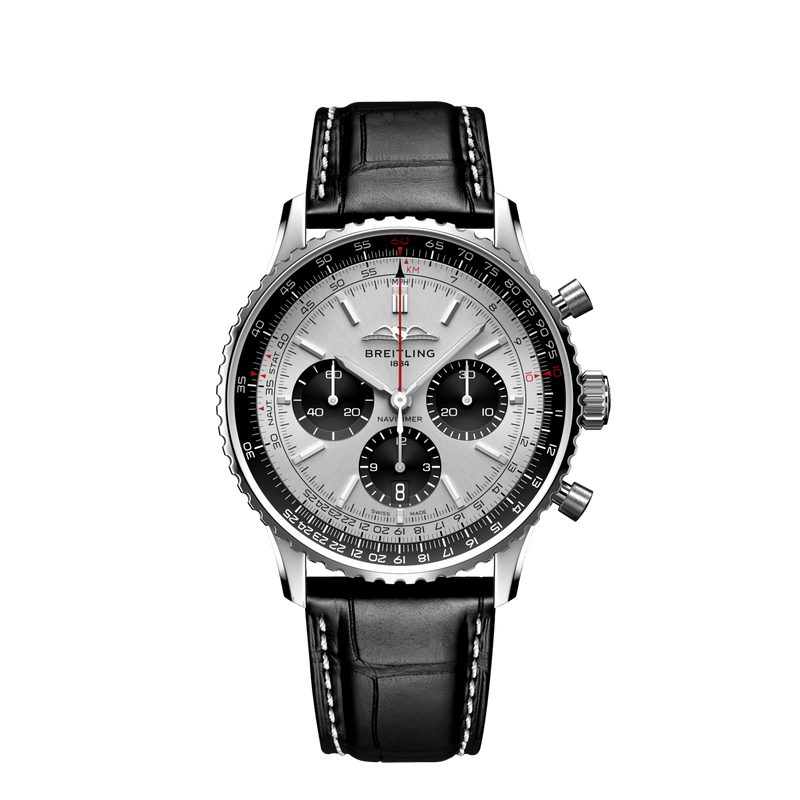 Shop Breitling Navitimer B01 Chronograph 43 Silver Dial Black Leather Strap Watch for Men - AB0138241G1P1 in USA