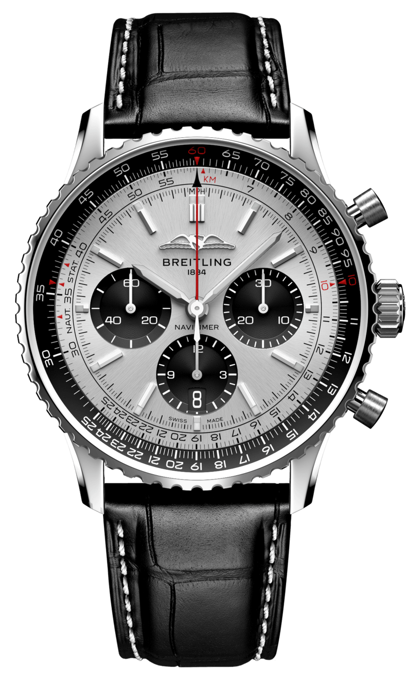Shop Breitling Navitimer B01 Chronograph 43 Silver Dial Black Leather Strap Watch for Men - AB0138241G1P1 in USA