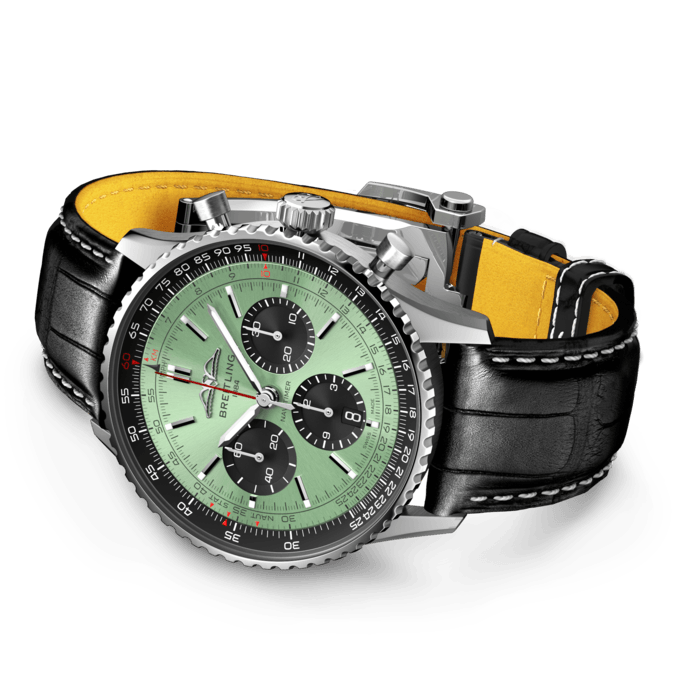 Shop Breitling Navitimer B01 Chronograph 43 Green Dial Black Leather Strap Watch for Men - AB0138241L1P1 in USA