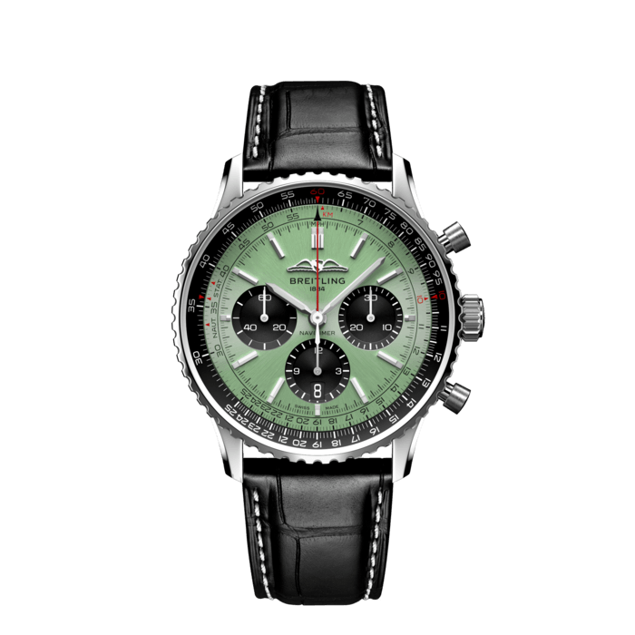 Shop Breitling Navitimer B01 Chronograph 43 Green Dial Black Leather Strap Watch for Men - AB0138241L1P1 in USA