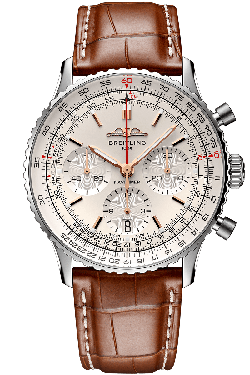 Shop Breitling Navitimer B01 Chronograph 41 White Dial Brown Leather Strap Watch for Men - AB0139211G1P1 in USA