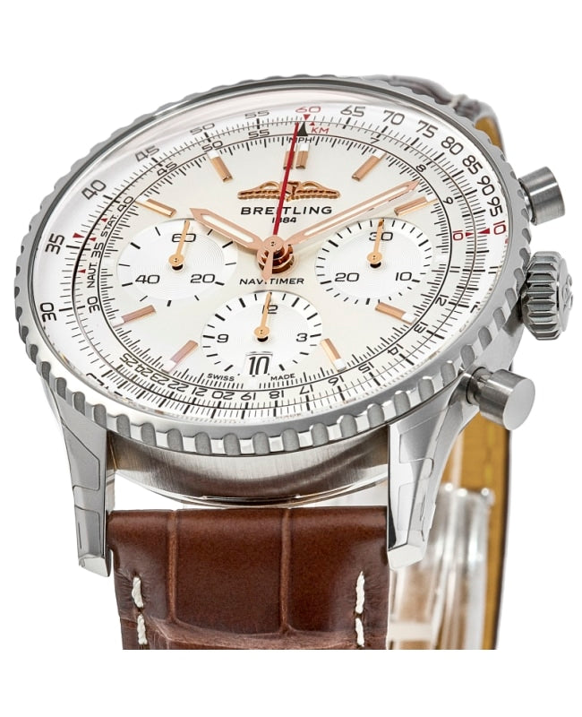 Shop Breitling Navitimer B01 Chronograph 41 White Dial Brown Leather Strap Watch for Men - AB0139211G1P1 in USA