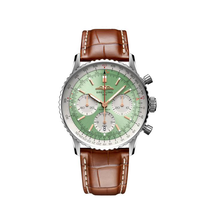 Shop Breitling Navitimer B01 Chronograph 41 Green Dial Brown Leather Strap Watch for Men - AB0139211L1P1 in USA