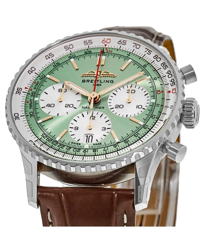 Shop Breitling Navitimer B01 Chronograph 41 Green Dial Brown Leather Strap Watch for Men - AB0139211L1P1 in USA