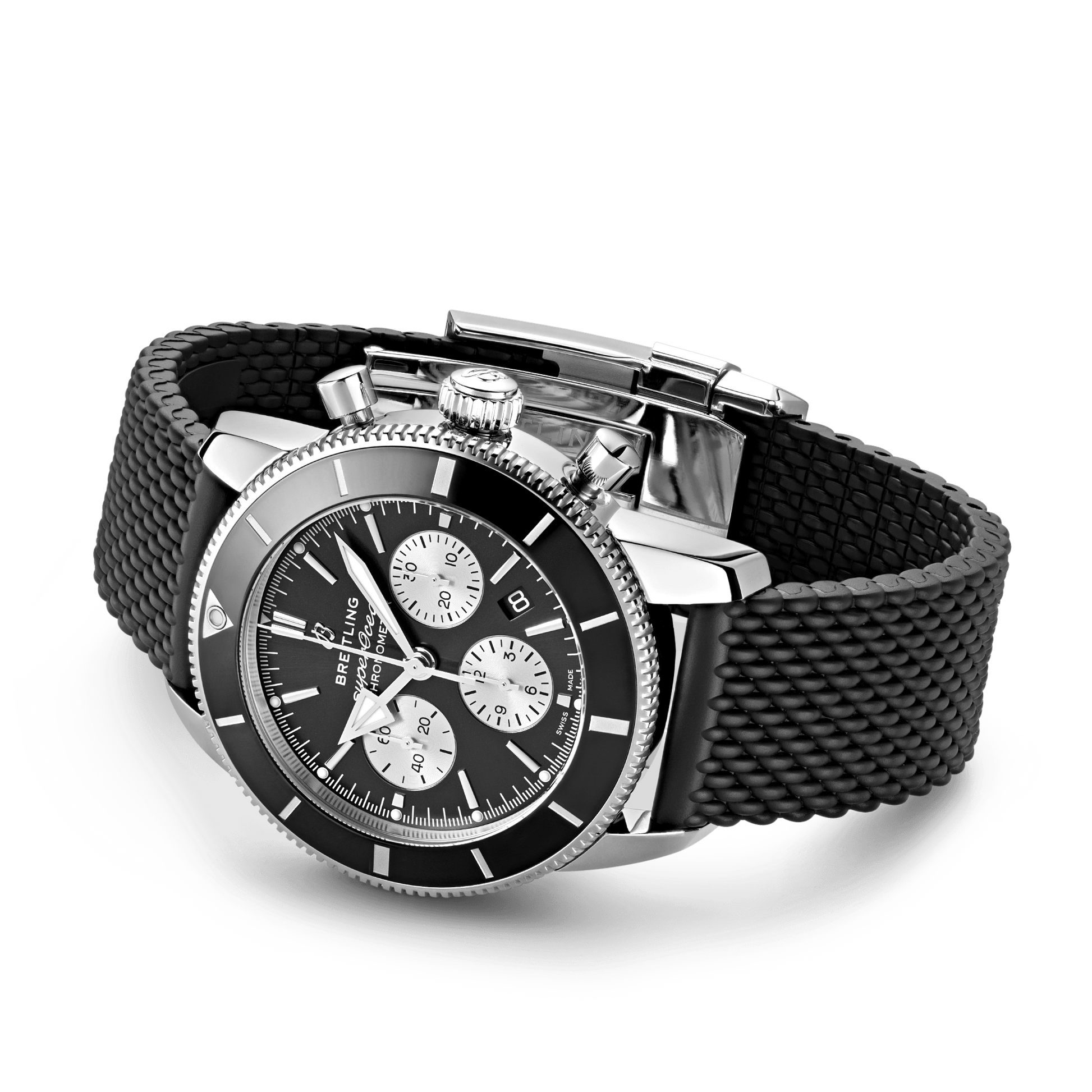 Breitling Superocean Heritage B01 Chronograph 44 Black Dial Black Mesh Bracelet Watch for Men - AB0162121B1S1