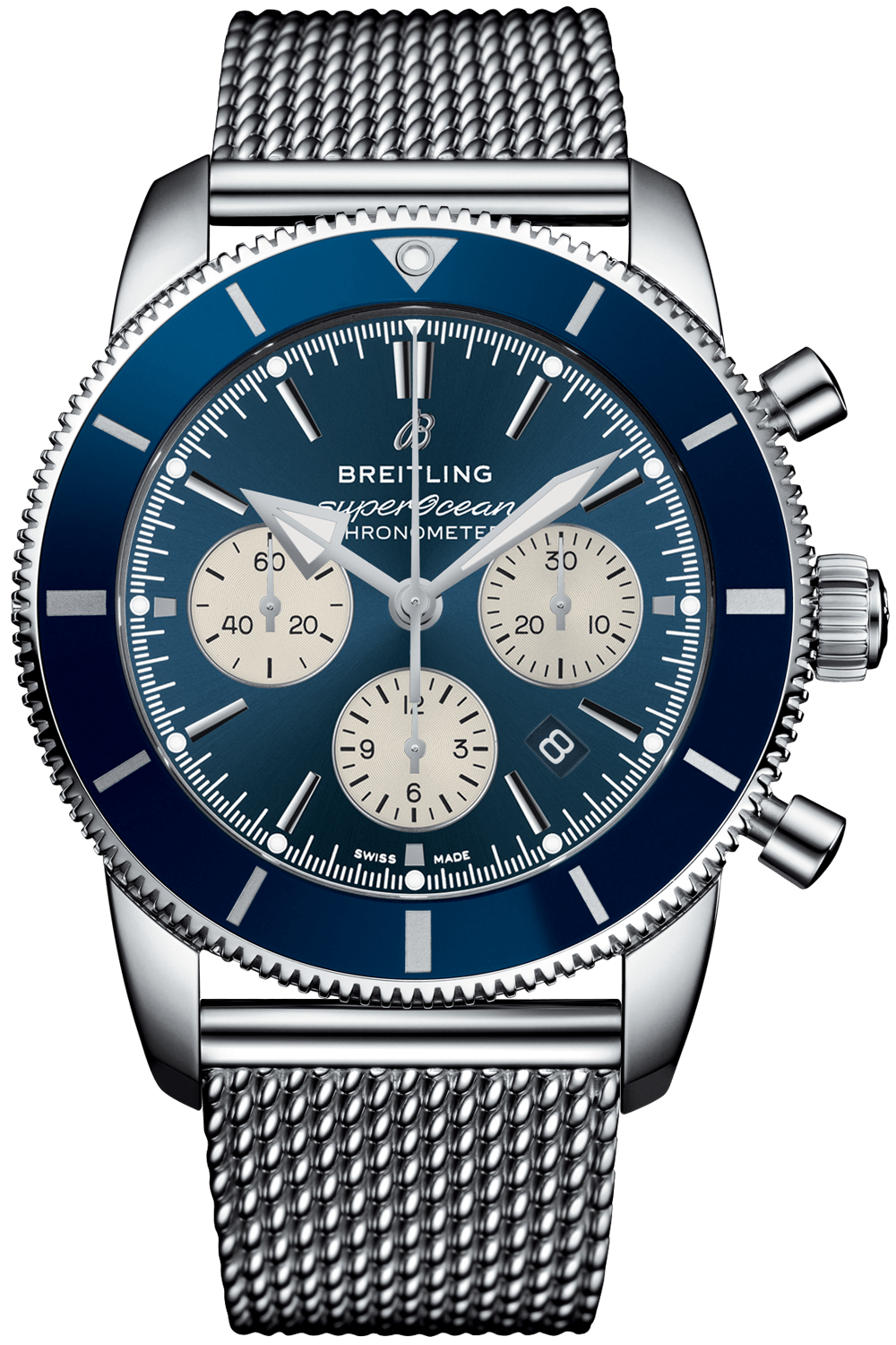 Breitling Superocean Heritage B01 Chronograph 44 Blue Dial Silver Mesh Bracelet Watch for Men - AB0162161C1A1