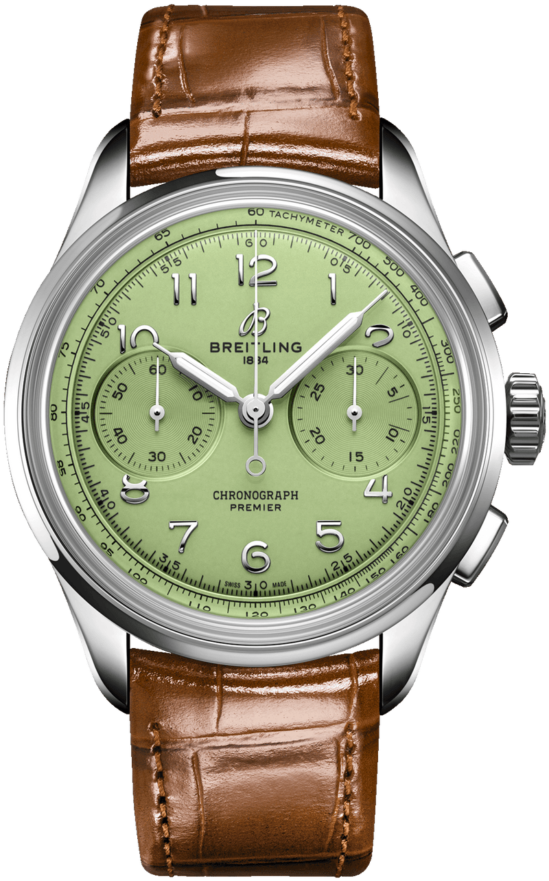Breitling Premier B09 Chronograph 40 Green Dial Brown Leather Strap Watch for Men - AB0930D31L1P1