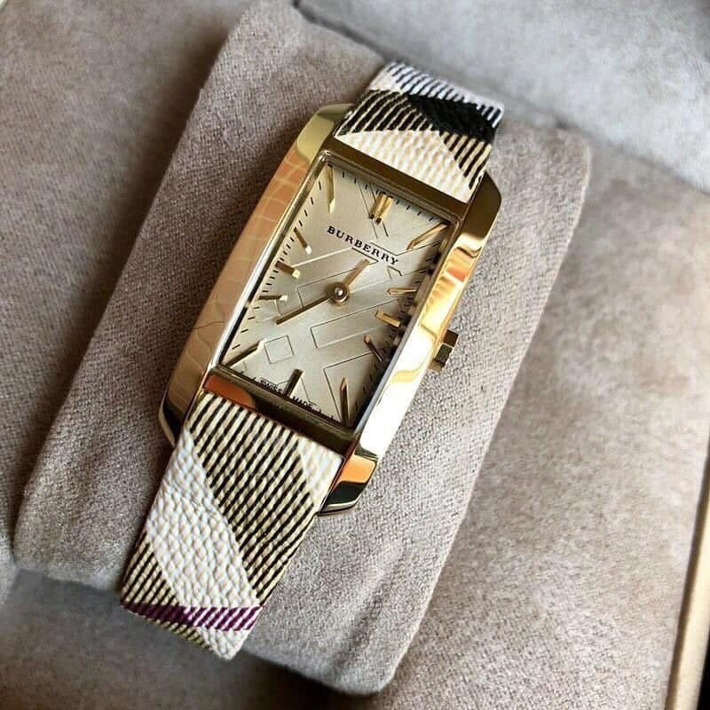 Burberry Pioneer Champagne Dial Haymarket Beige Leather Strap Watch for Women - BU9407 Buy Now By Burberry