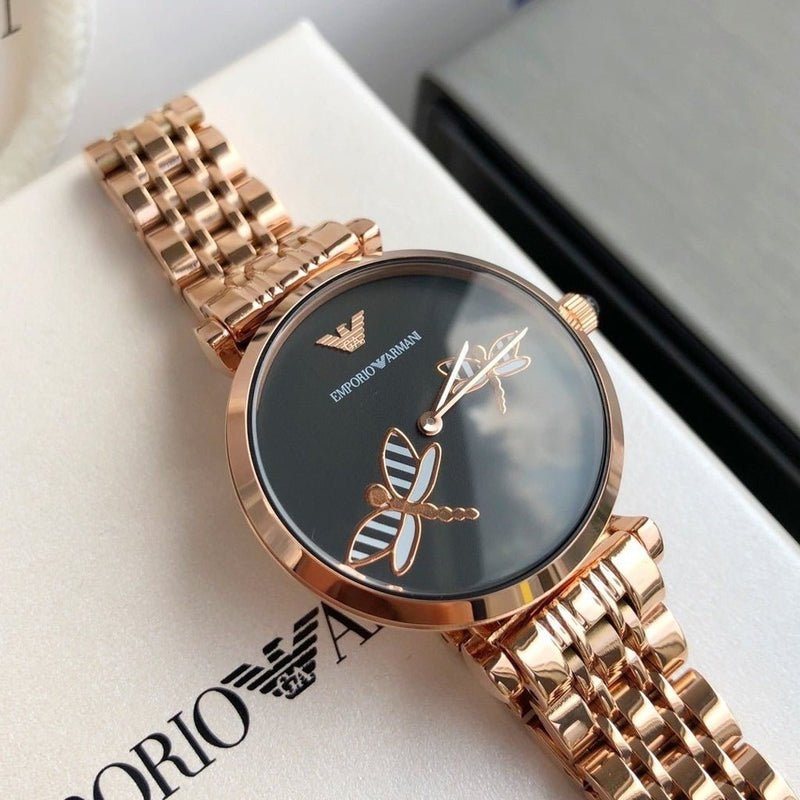 Emporio Armani Gianni T Bar Black Dial Rose Gold Steel Strap Watch For Women - AR11206 Buy Now By Emporio Armani