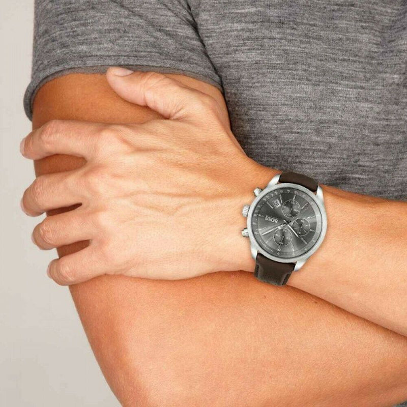 Hugo Boss Time One Chronograph Black Dial Black Leather Strap Watch for Men - 1513430 Buy Now By Hugo Boss