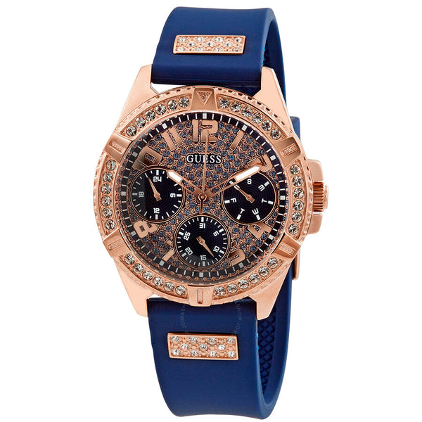 Guess Frontier DIamonds Gold Dial Blue Rubber Strap Watch For Women - W1160L3 Buy Now By Guess