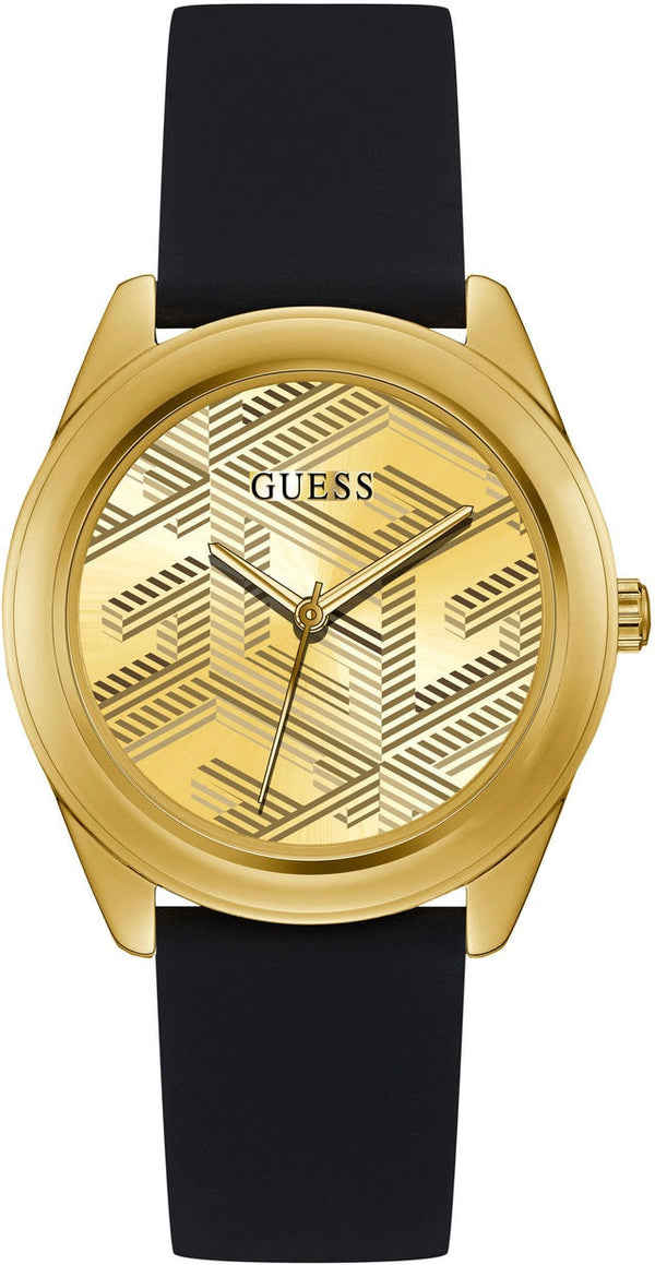 Shop Guess Cubed Analog Gold Dial Black Silicone Strap Watch For Women - GW0665L1 in USA