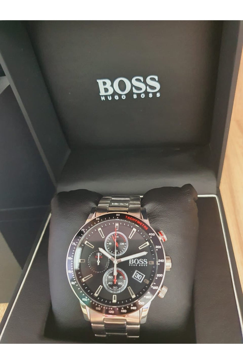 Shop Hugo Boss Rafale Chronograph Black Dial Silver Steel Strap Watch for Men - 1513509 in USA