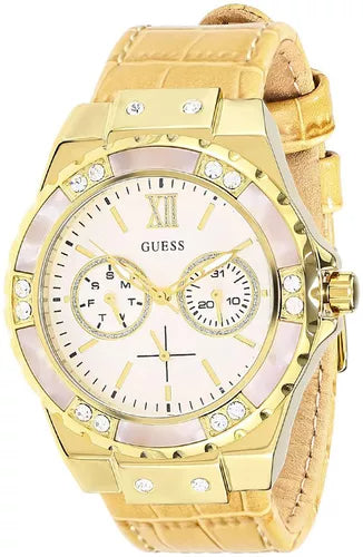 Guess Limelight Quartz Silver Dial Golden Leather Strap Watch For Women - W0775L2 Buy Now By Guess