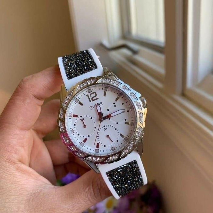 Guess Swirl Quartz Silver Dial White Silicone Strap Watch for Women - W1096L1 Buy Now By Guess