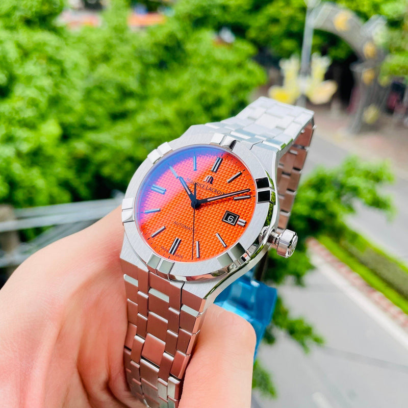 Maurice Lacroix Aikon Limited Edition Automatic Date Orange Dial Silver Steel Strap Watch For Men - AI6008-SS00F-530-1 Buy Now By Maurice Lacroix