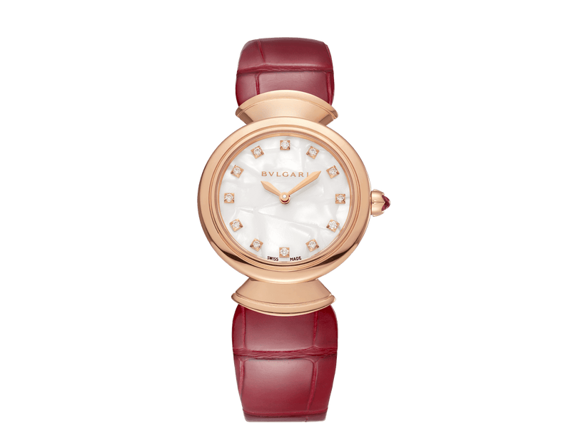 Shop Bvlgari Divas Dream Diamonds Mother of Pearl Dial Red Leather Strap Watch for Women - DREAM102840 in USA