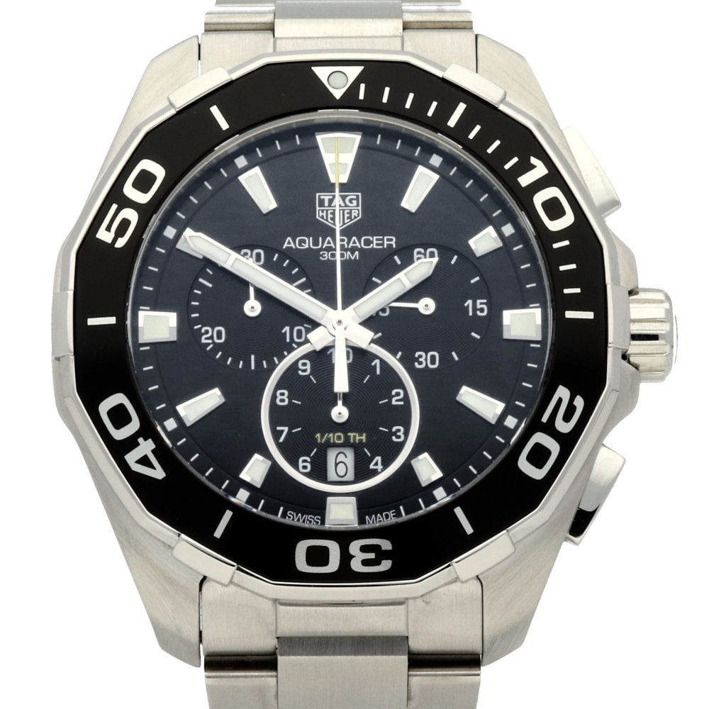 Tag Heuer Aquaracer Quartz Chronograph Black Dial Silver Steel Strap Watch for Men - CAY111A.BA0927