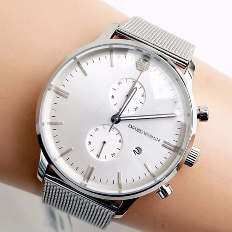 Emporio Armani Classic Chronograph Quartz Silver Dial Silver Mesh Bracelet Watch For Men - AR0390 Buy Now By Emporio Armani